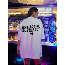T-shirt - Antisocial Butterfly Baskılı Oversize Bisiklet Yaka Kısa Kol Beyaz Tişört Beyaz