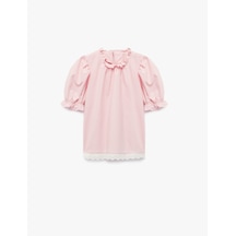 Koton Fırfırlı Detaylı Bisiklet Yaka Kısa Kollu Pamuklu Bluz Pembe 6skg60175aw Gül