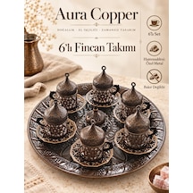 Osmanlı Motifli Türk Kahvesi Fincan Takımı Kapaklı Tepsili Özel Metal Sunum Seti Ac-ft-001/6'lı Eskitme Renk