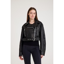 Fit Biker Kısa Bayan Deri Ceket Vb-17-bk-2426-23219 Siyah