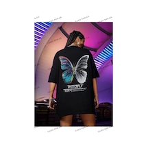 Tarzsokak Kadın Beyaz Butterfly Ön Arka Baskılı Oversize Siyah