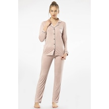 Düz Uzun Kol Gömlek Yaka Pijama Takımı 001