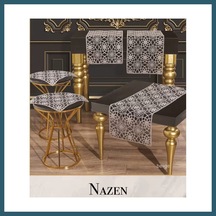 Bezos Nazen Model Bej 5 Parça Tül İşlemeli Runner Seti Zarif Salon Takımı Ob