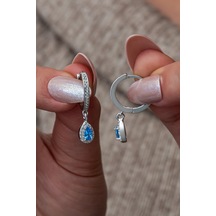 Nereze 925 Ayar Gümüş 15 Mm Halka Aquamarin Damla Taşlı Küpe