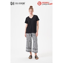 Gd Goldoremi 29063 Premium Kadın V Yaka Rahat Kalıp Desenli Bol Paça Kısa Kollu Pijama Takım Siyah
