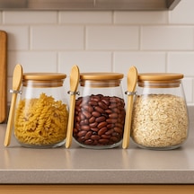 Tombul 3lü Borosilikat Cam Bambu Kapaklı Kavanoz Baharatlık Seti 1000 Ml Şeffaf