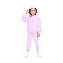 Toontoy Kids Toontoy Kız Çocuk 2'li Takım Kapüşonlu Yarım Fermuarlı Ribanalı Sweatshirt & Beli Paçası Lastikli Jogger Eşofman Altı - 2 İplik Lila