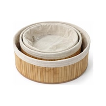 Bambu Meyvelik Sepeti 3'lü Set Küçük, Orta, Büyük Boy Çıkarılabilir Kumaş Astarlı Doğal Ahşap D Çok Renkli