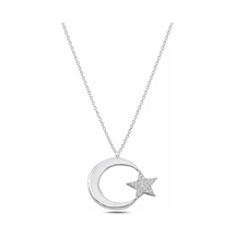 Çekirdekjewelry 925 Ayar Gümüş Ay Yıldız Taşlı Kolye Zirkon Taşlı Şık Kadın Kolye Gri