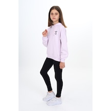 Toontoy Kids Toontoy Kız Çocuk 2'li Takım Baskılı Kapüşonlu Düşük Omuz Sweatshirt & Basic Düz Tayt Lila