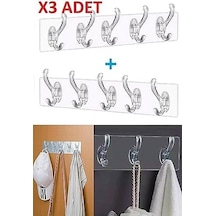 -3 Adet Kendinden Yapışkanlı Güçlü Şeffaf 5'li Askılık - Kapı Arkası Mutfak Duvar Banyo Askı