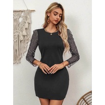Stilaura Kadın Bisiklet Yaka Kol Tül Detay Dalgıç Mini Boy Elbise Siyah
