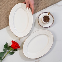 Porsima 4457 Burçak Porselen Altın Fileli Kayık Tabak Seti - Oval Kahvaltılık Sunumluk Seti 25cm Beyaz
