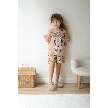 Miniko Kids Kız Çocuk Karakter Modelli Baskılı Şortlu Pamuk Takım Kahverengi