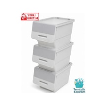 3 Katlı Tekerlekli Kapaklı Saklama Kutusu, Eşya Ve Erzak Organizer 3x12 Litre Gri Gri Gri