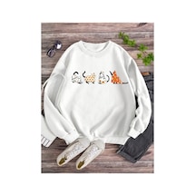 Tarzsokak Lune Cartoon Cat Print Lined Sweatshirt Beyaz