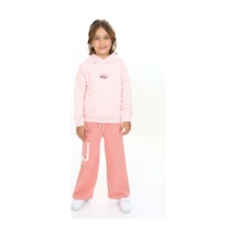Toontoy Kids Toontoy Kız Çocuk Kapüşonlu Önü Yazı Baskılı Eşofman Takım Pudra