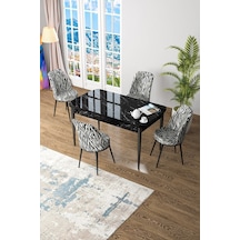 Canisa Kor Serisi 70x114 Açılabilir Mutfak Masası Takımı Siyah Mermer Desen Masa 4 Zebra Desen Sandalye Masa Siyah Mermer Desen Sandalye Zebra Desen