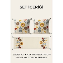 Renkli Botanik Punch Nakışlı Kırlent Ve Runner Seti 2 Kırlent Kılıfı 1 Runner 3 Parça Gri