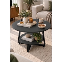 Yuvarlak Orta Sehpa 69,5 Cm İki Katlı Raflı Metal Ayaklı Modern Dekoratif Salon Sehpası Antrasit