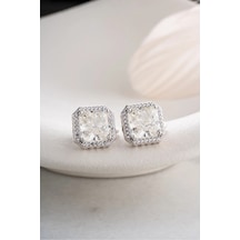 Çekirdekjewelry 925 Ayar Gümüş Baget Taşlı Kare Küpe Zirkon Taşlı Şık Kadın Küpe Gümüş