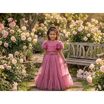 Star Kids Fashion Kız Çoçuk Gül Detaylı Crop Elbise, Kız Çocuk Mezuniyet Elbise Gülkurusu