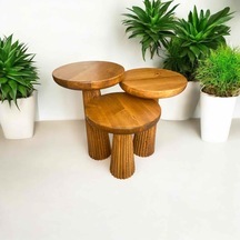 Modern Ahşap Mantar Sehpa 3 Lü Set Tik Ağacı Renk Masif Fiskos