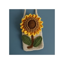 Melonndesign Ayçiçeği Motif Detaylı Handmade Örgü Telefon Çantası % 100 Cotton Trend Kadın El Çantası Sarı