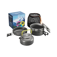 Tcherchi 3 Parça Set Kamp Tencere Seti Açık Pişirme Seti Su Isıtıcısı Tava Pot Sofra Ekipmanları Siyah - Yeşil Siyah
