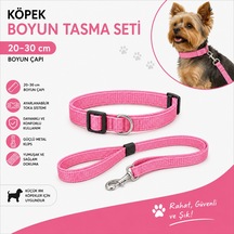 Köpek Boyun Tasması Ve Sevk Kayışı Seti 20-30 Cm Küçük Irk Ayarlanabilir - Pembe Çok Renkli