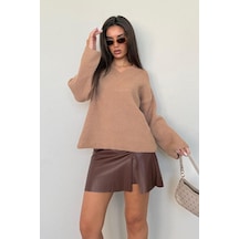 Madmext Camel V Yaka Triko Kadın Kazak Mg2501 CAMEL