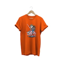 Fishing Balıkçılık Pirana Ve İskelet Tasarım Baskılı %100 Pamuk Regular Fit T-shirt Turuncu