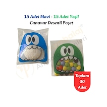 30 Adet Mavi-yeşil Renkli Canavar Desenli Cake Pop & Kurabiye Poşeti-10x15 Cm