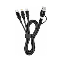 Hp-13 3in1 Çoklu Hızlı Şarj Kablosu Lightning Type-c & Micro Usb Çıkışlı Örgülü Kumaş Kablo Ev Araç Ve Ofis Uyumlu 1.2 Metre