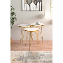 Beyaz Gold Metal Ayaklı Gold Detaylı Zigon Sehpa