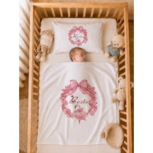 İsme Özel Kız Bebek Battaniye 80x80 Cm Ve Yastık Kılıfı 35x45 Cm %100 Pamuk Organik Baskılı Bebek Seti Bebek Hediyesi 1030yb Krem