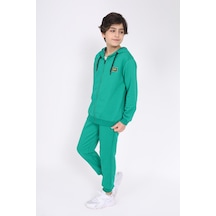 Toontoy Kids Toontoy Erkek Çocuk 2'li Takım Baskılı Kapüşonlu Fermuarlı Sweatshirt & Beli Paçası Lastikli Cepli Jogger Eşofman Altı - 2 İplik Yeşil