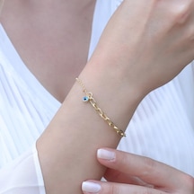 Mini Geçme Halkalı Nazar Boncuklu Gold Kaplama Gümüş Hallow Bileklik Gümüş