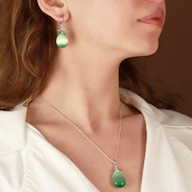 Kedi Gözü Taşlı Damla Model Gümüş Set Gümüş