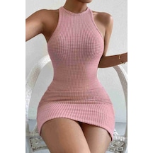 Merry See Vücuda Oturan Diz Üstü Mini Örme Elbise Pembe 001