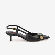 Rouge Kadın Taşlı Toka Detaylı Slingback Sivri Burun 6cm Topuklu Ayakkabı 7124 Siyah