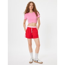 Koton Oversize Spor Şort Yüksek Bel Biyeli Beli Bağcıklı Renk Bloklu Cepli Kırmızı 4sak40057nw Kırmızı