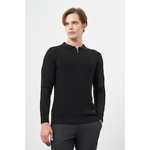 Siyah Uzun Kol Kendinden Desenli Örme Polo Yaka Classic Comfort Fit Triko 1012245156 Siyah