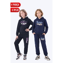 Panios Kids 3 İplik Baskılı Kışlık Kanguru Cepli Kapüşonlu Kız Çocuk 2'li Eşofman Takımı 4 Parça Lacivert - Siyah