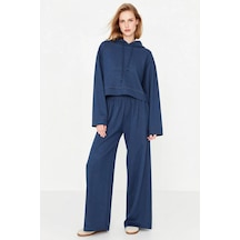 Benerly Kadın Kapüşonlu Düşük Kol Uzun Kollu Geniş Kalıp Örme Pijama Takı lacivert