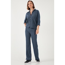 Lela Slim Fit Yüksek Bel Geniş Paça Dokulu Bayan Pantolon 5865944 Indigo