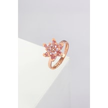 Pembe Taşlı Rose Renk Ayarlanabilir Lotus Gümüş Bayan Yüzük -7899