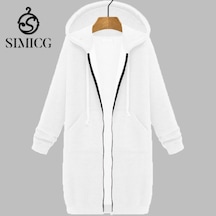 Kapüşonlu Uzun Kollu Orta Boy Sweatshirt Ceket Beyaz Beyaz