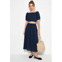 Shade Kadın Balon Kollu Crop Bluz Bağlama Detaylı Pamuklu Müslin Etek Takım Yc2728 60286287 - Lacivert
