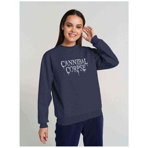 Cannibal Corpse Logo Baskılı Indigo Mavi Kadın Sweatshirt